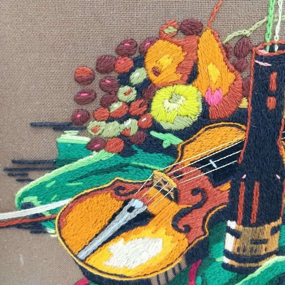 Vintage Completed Crewel Embroidery Picture Violin Rose Fruit Wine Romantic 70s